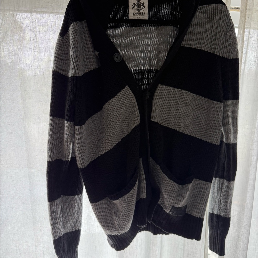 Express Men's Cardigan with Bold Black and Gray Stripes
